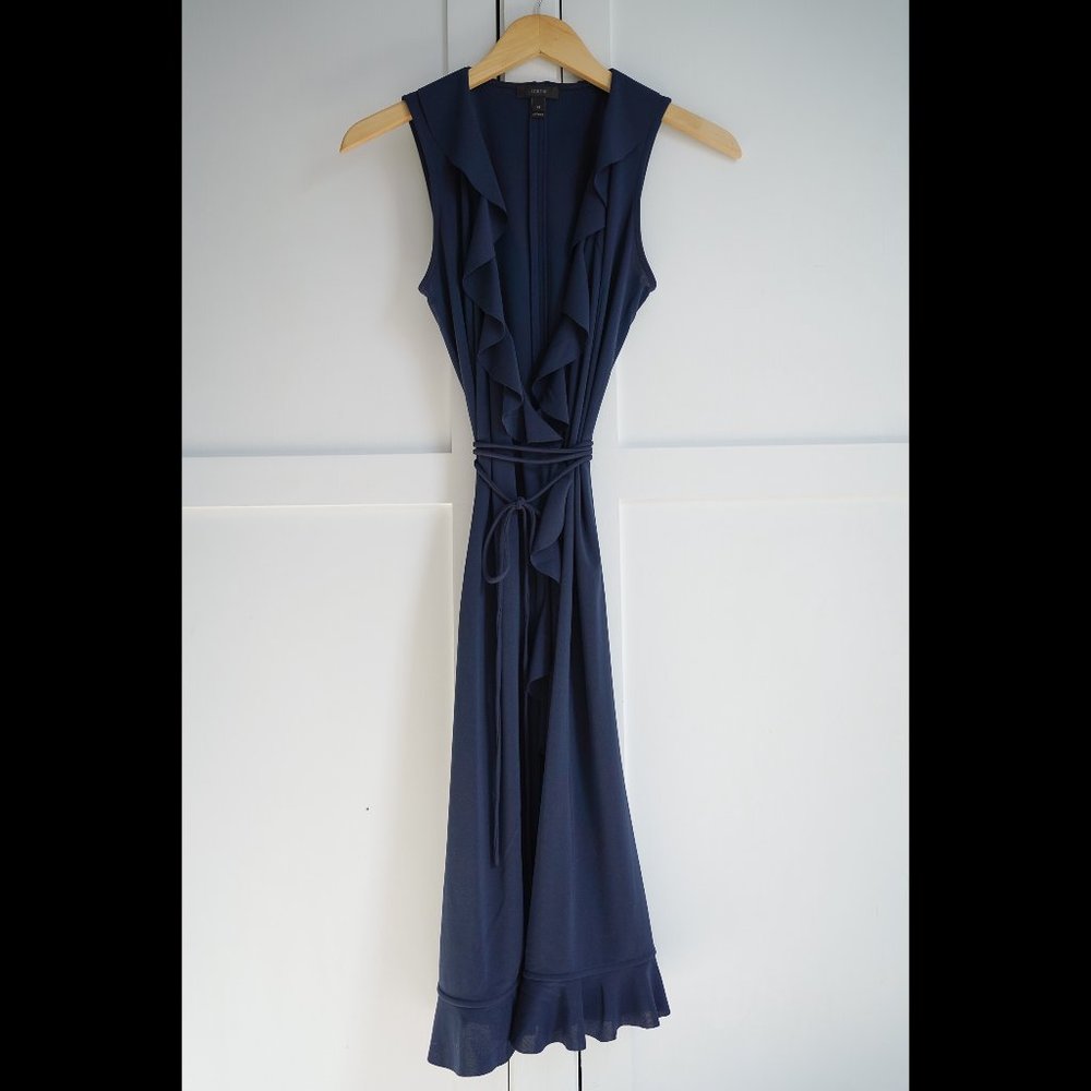 EUC J. Crew Sleeveless Ruffle Wrap Dress, Navy Blue, XS